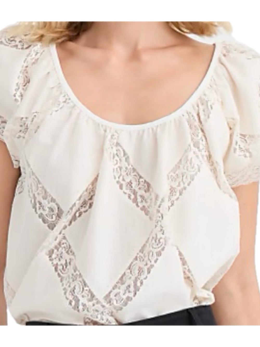 Loft Size Large Women's Cream Lace Inset Short Sleeve Top